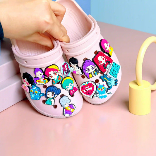 photo of crocs shoes decorated with kpop demon hunters crocs charm