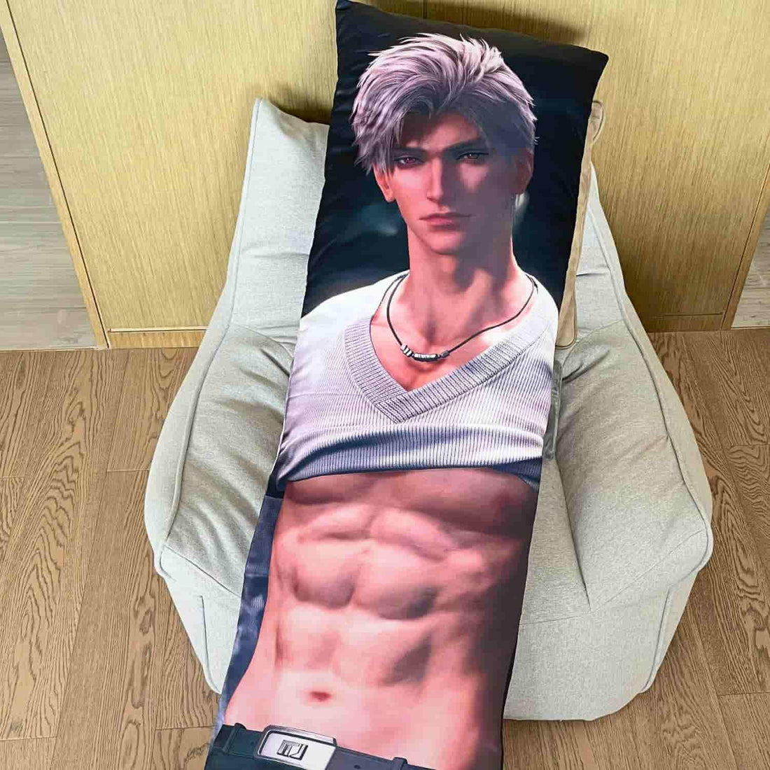close-up detail of sylus love and deepspace body pillow cover showing fabric texture and print quality