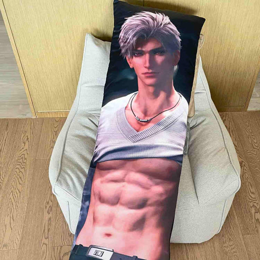 close-up detail of sylus love and deepspace body pillow cover showing fabric texture and print quality