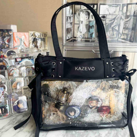 black ita bag with anime pins displayed in clear window - ultimate ita bag guide