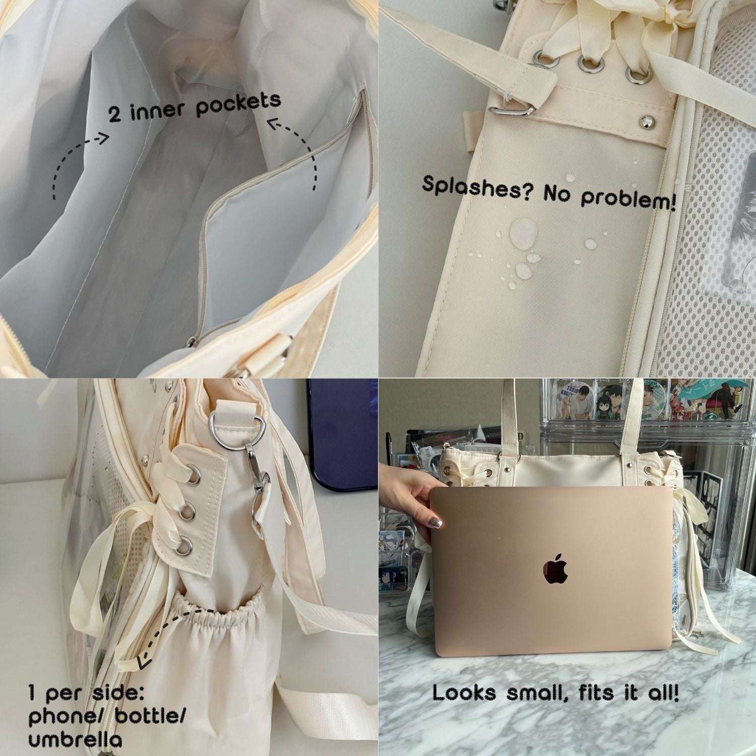 large lace white cream ita bag features collage showing inner pockets, water-resistant material, side pockets for phone, water bottle or umbrella, and size comparison with laptop
