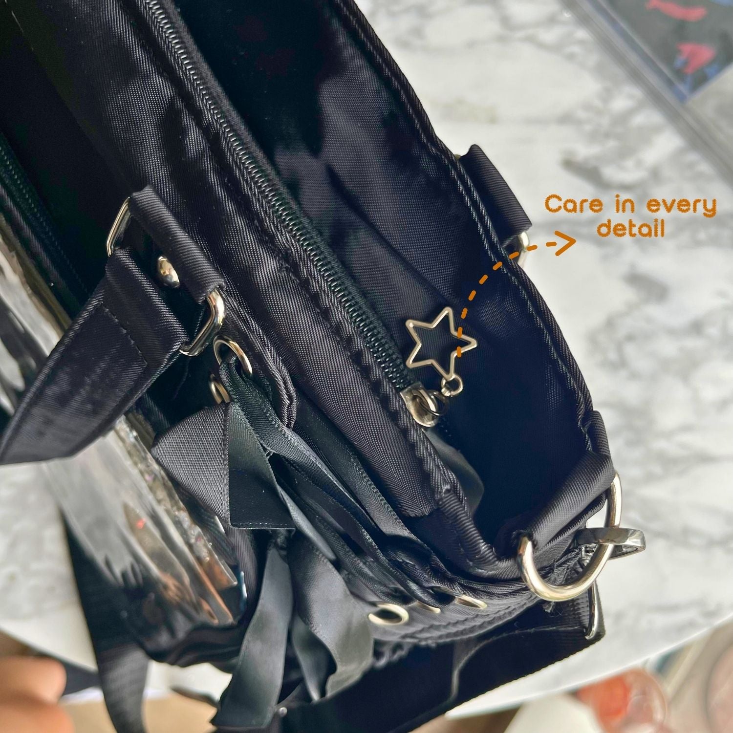 large lace ita bag image showing details of the zippers