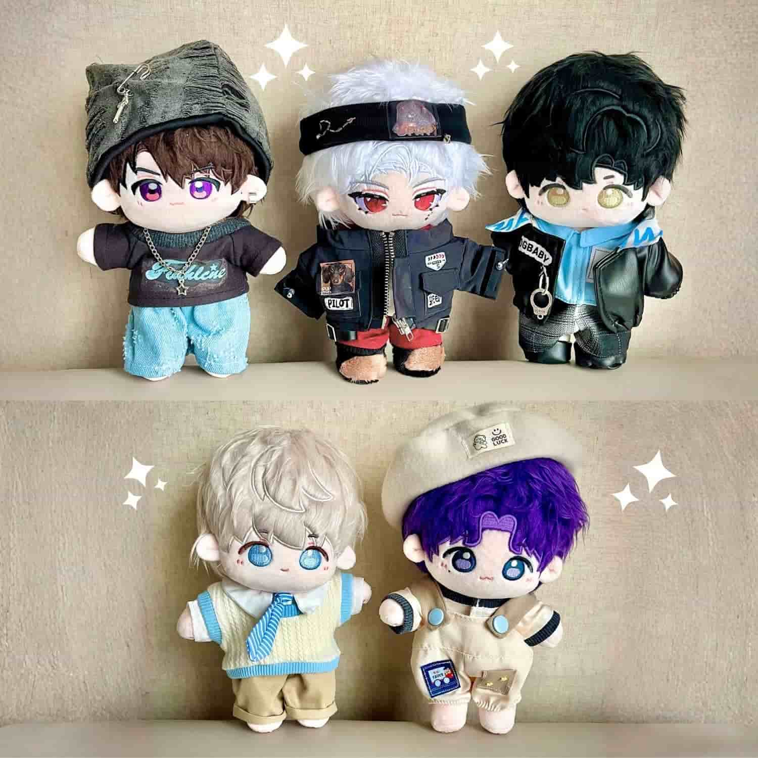 love and deepspace merch 20cm dolls of sylus, caleb, rafayel, zayne, and xavier dressed in various outfits displayed together