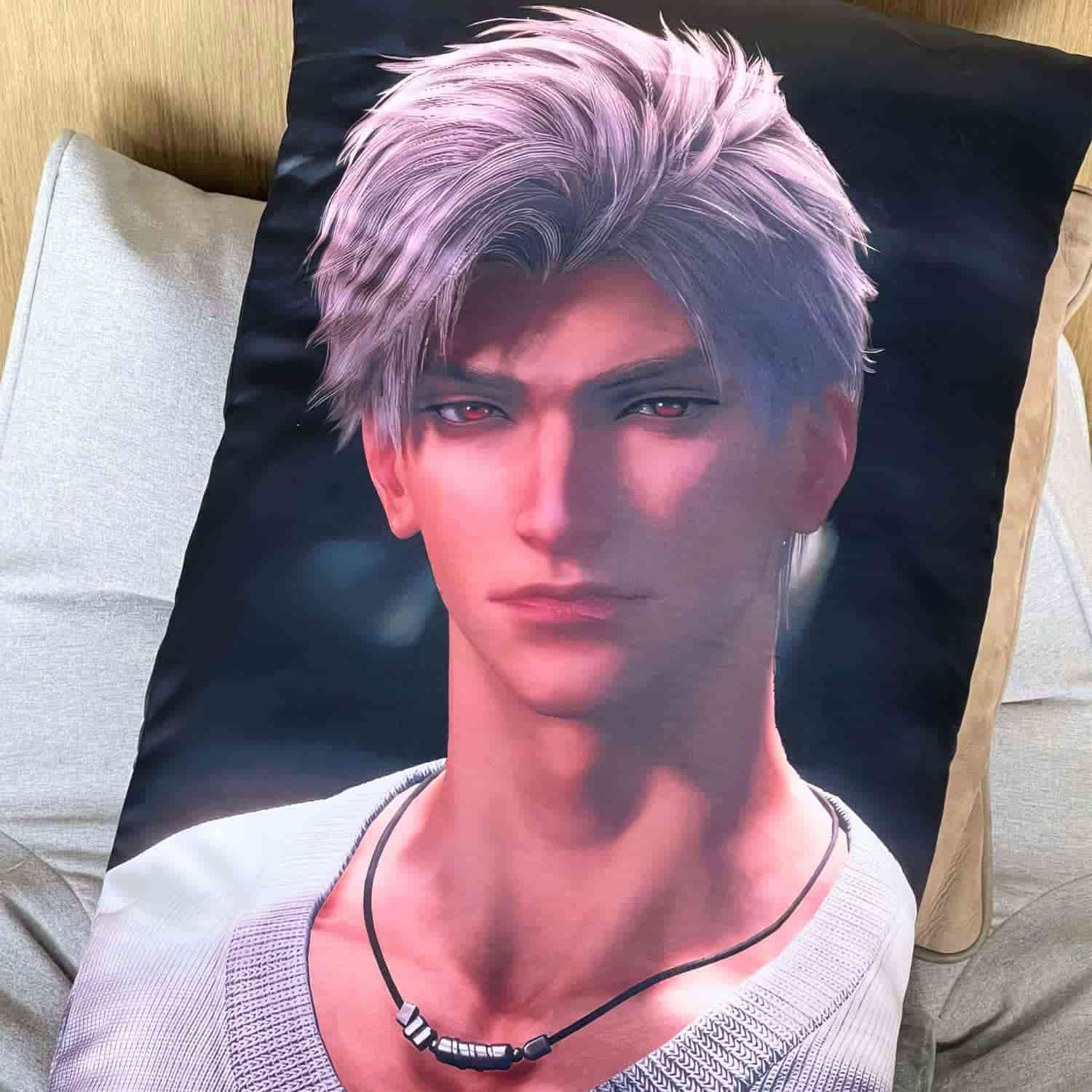 close-up detail of sylus love and deepspace body pillow cover showing fabric texture and print quality