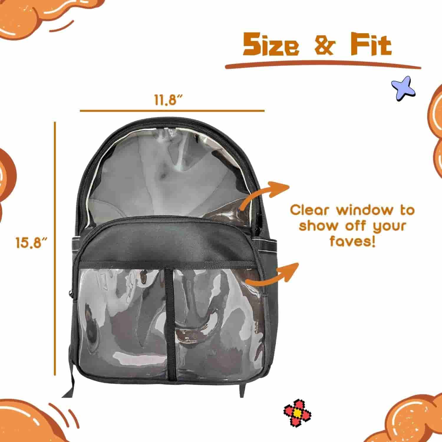 black large ita backpack showing three clear window pockets and display capacity