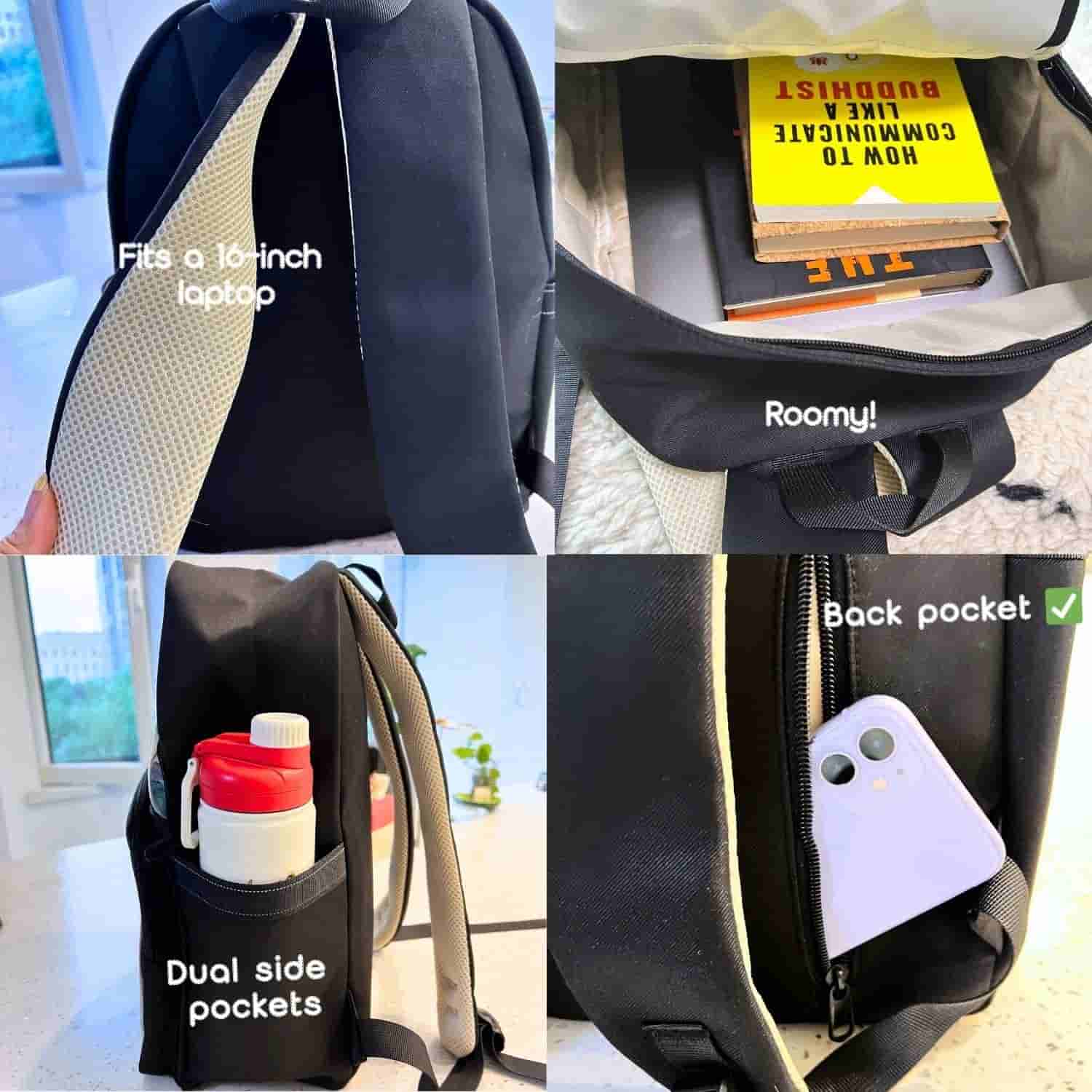 four-panel image highlighting large ita backpack features including adjustable strap, spacious capacity, dual side pockets, and back pocket for phone or small items