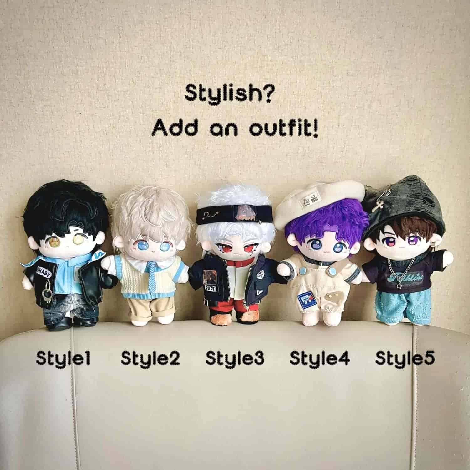 love and deepspace merch 20cm dolls of sylus, caleb, rafayel, zayne, and xavier dressed in various outfits displayed together in standing pose