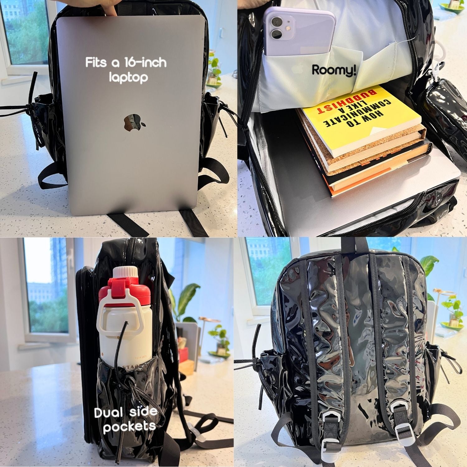 four-panel collage highlighting super large ita backpack features including 16-inch laptop comparison, roomy interior for books, inner phone pockets, side pockets, and padded back straps