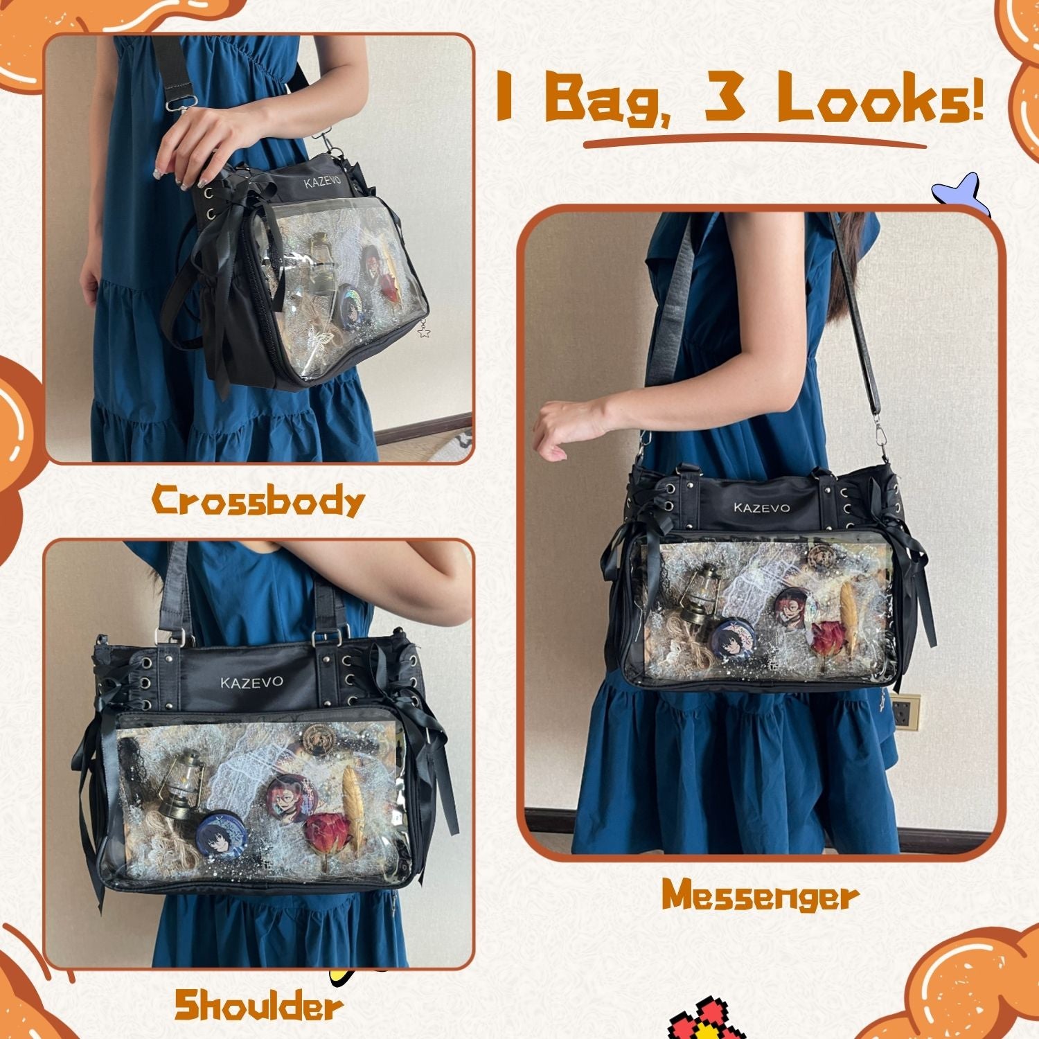 three ways to carry the large lace ita bag shown: crossbody, shoulder carry, and messenger options