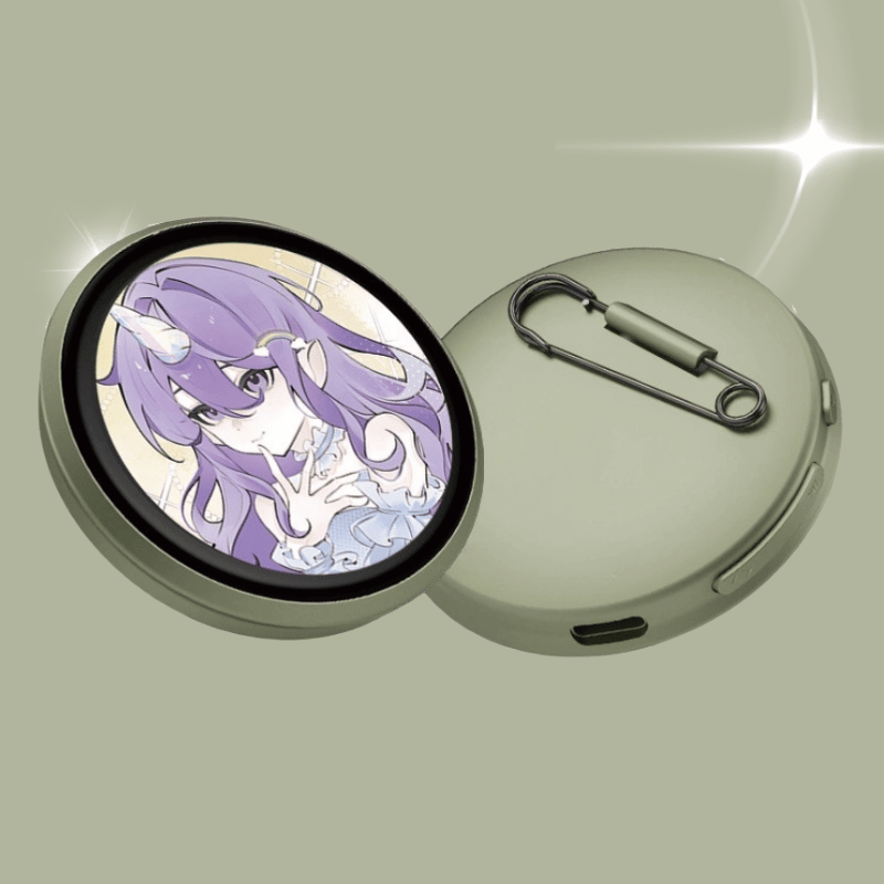 electronic button pin with hd digital display showing images and gifs