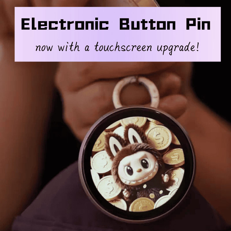 electronic button pin attached to ita bag showing animated video